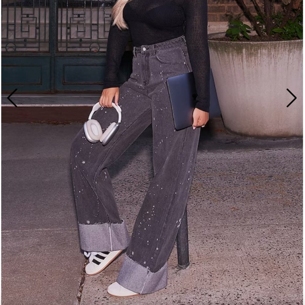 NWT: PLT Washed Black Splatter Detail Wide Leg Jeans i